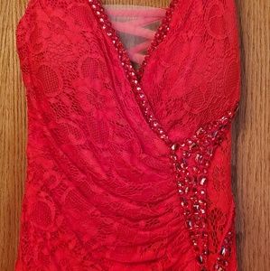 Red lace evening gown